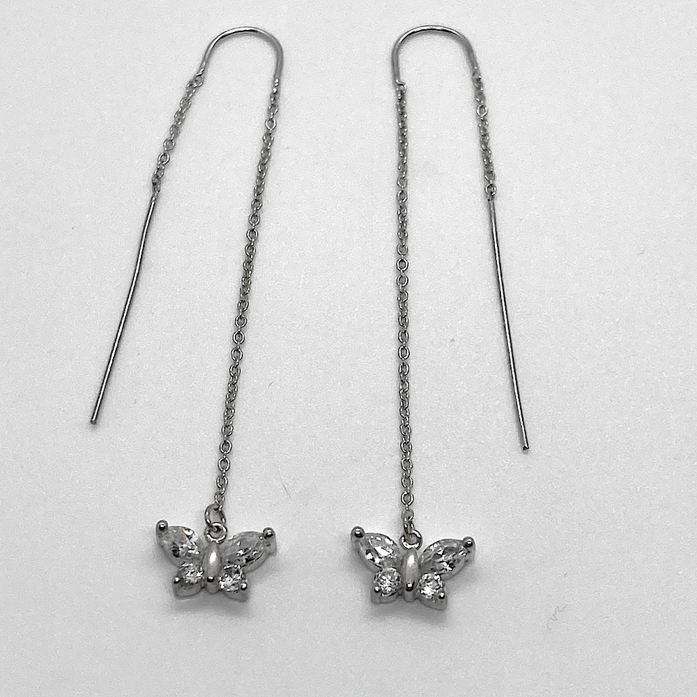 925 Sterling Silver & Clear Cz Butterfly Chain Dangle Threader Earrings | 2.5” L